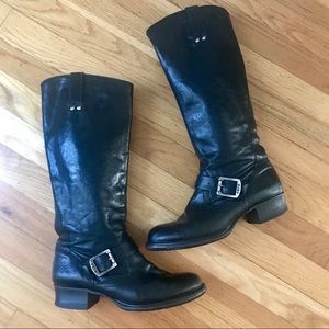 Frye Black Leather Moto Boots with Buckle